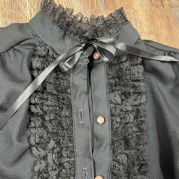 Vintage 70s Black goth alt blouse with tie neck - Picture 3 of 5